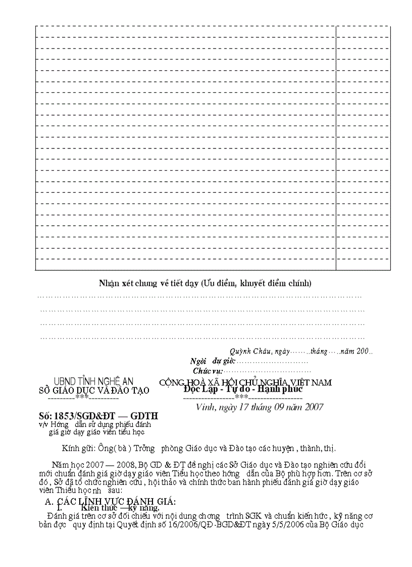 Mẫu phiếu đánh giá tiết dạy và HD đánh giá