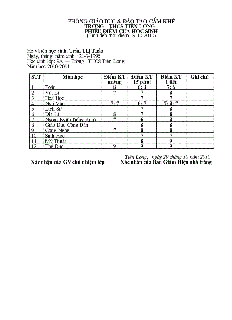 image for page Mẫu phiếu điểm của học sinh