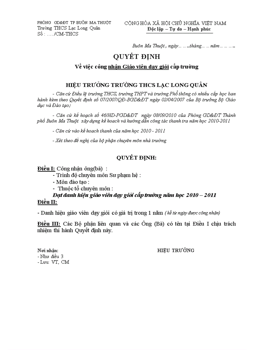 image for page Mẫu quyết định công nhận GV dạy giỏi cấp trường
