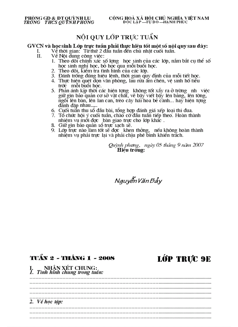 image for page Mẫu sổ trực tuần THCS