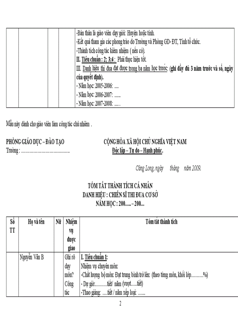 image for page Mẫu tóm tắt thành tích danh hiệu thi đua năm học 2010