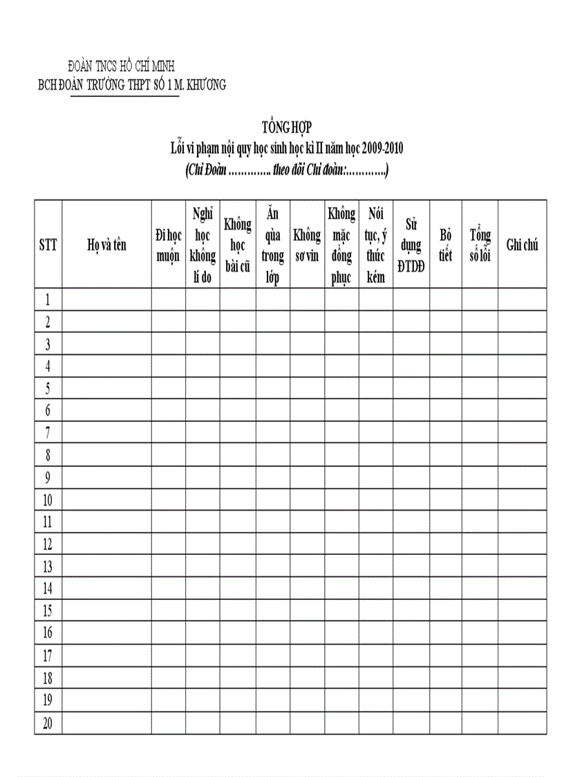 Mẫu tổng hợp lỗi vi phạm