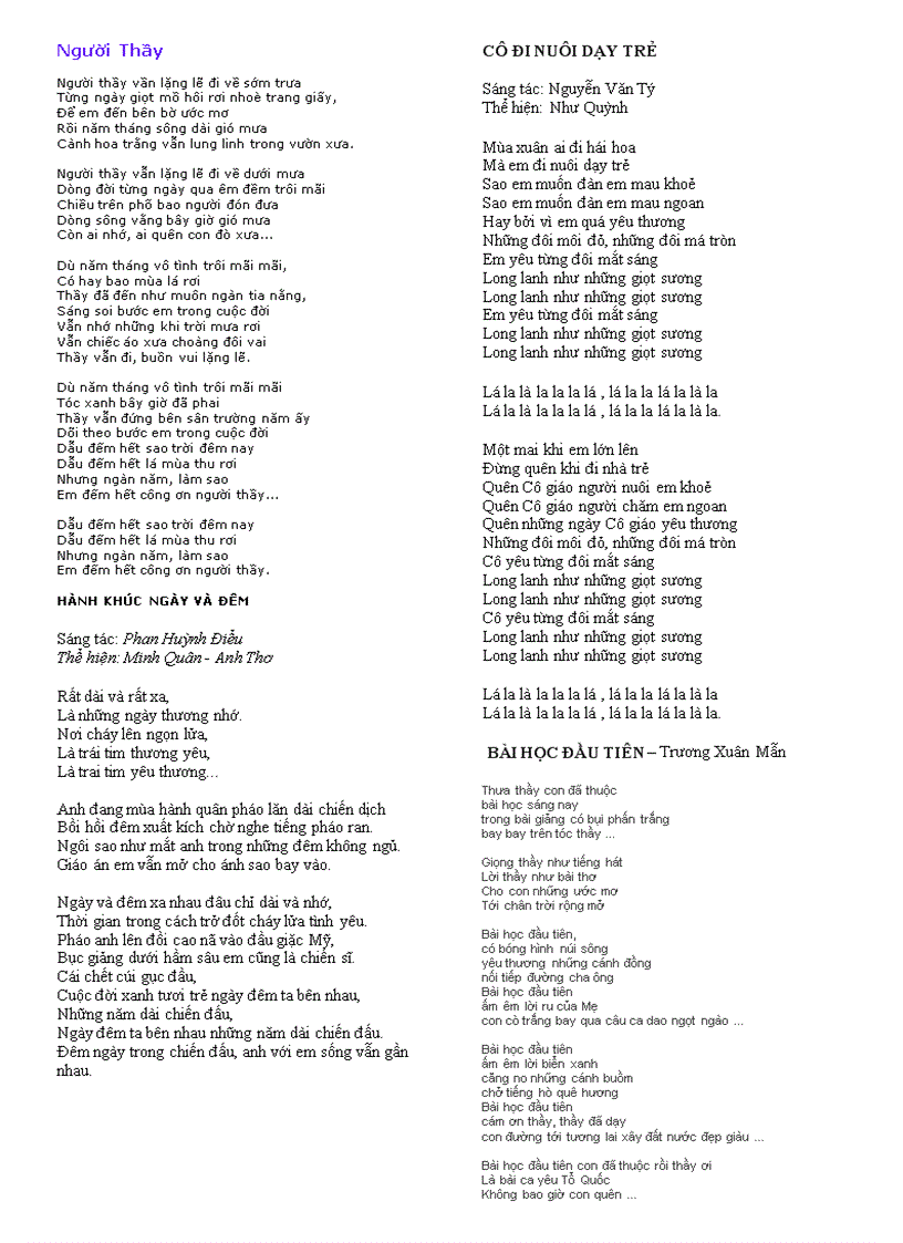 Một Số Bai Hat Trong Ngay 20 11