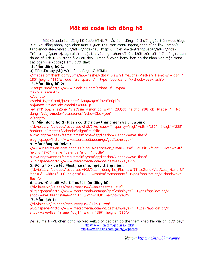 image for page Một số code lịch đồng hồ