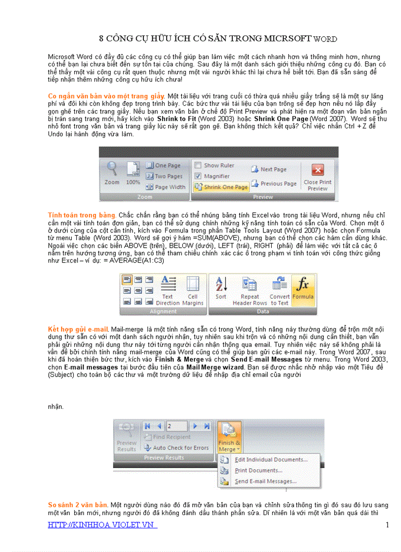 Một số công cụ có sẵn trong Microsoft Word