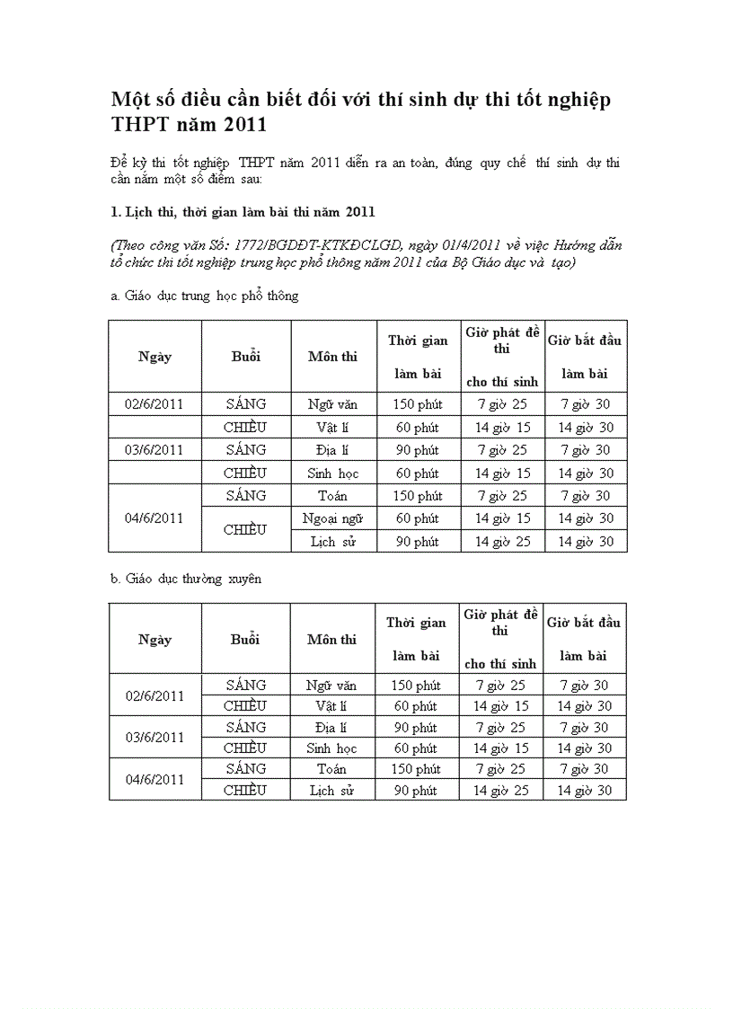 image for page Một số điều cần biết đối với thí sinh dự thi tốt nghiệp THPT năm 2011