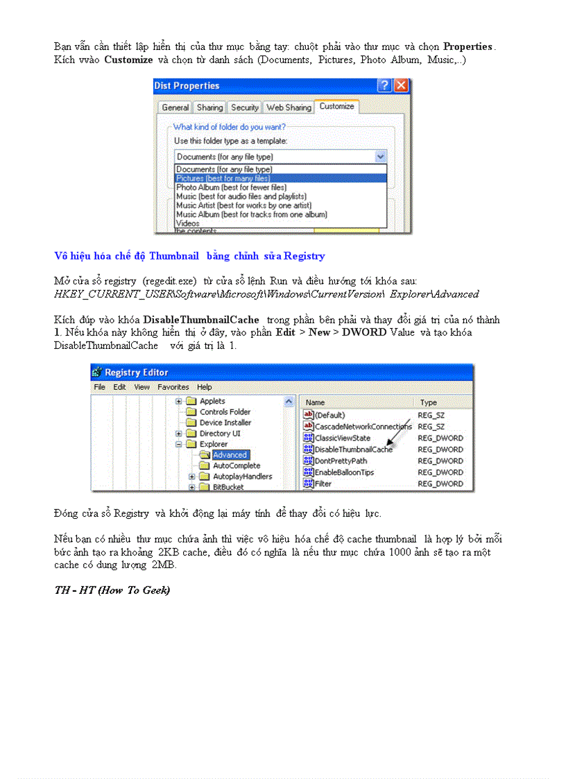 Ngăn việc tạo file Thumbs db trong Windows XP