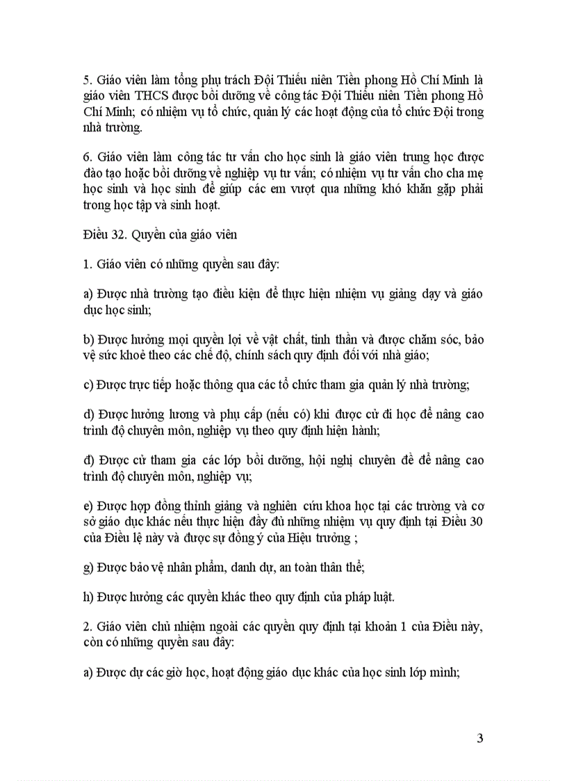 Nhiệm vụ và quyền hạn của giáo viên và giáo viên chủ nhiệm Điều lệ năm 2011