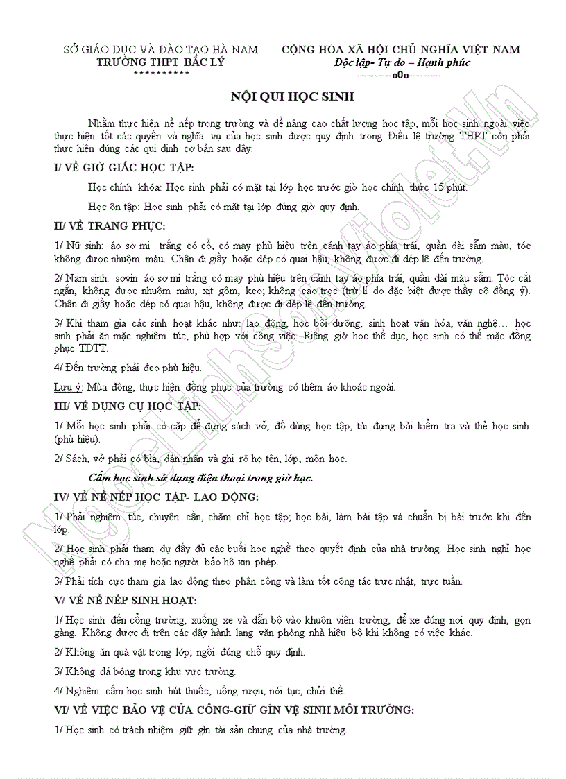 Nội Quy Học Sinh Thpt Bắc Ly Ha Nam