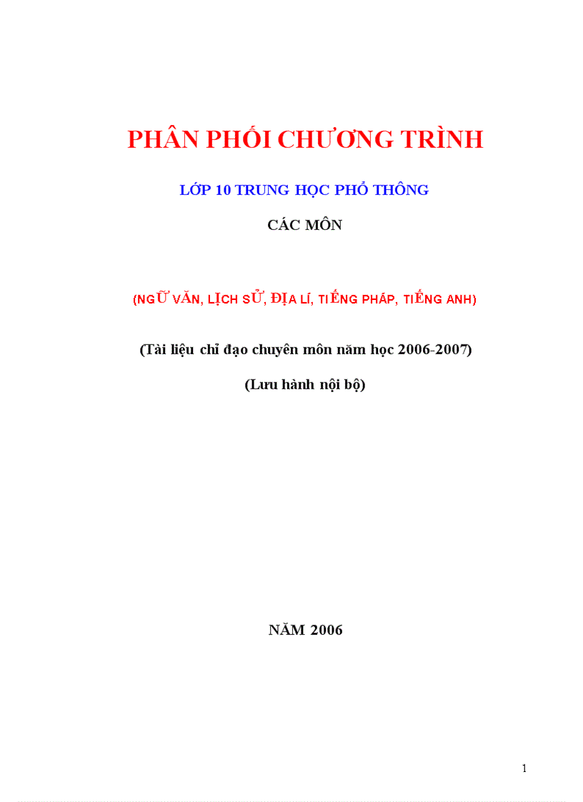 Phân phối chương trình các môn K10