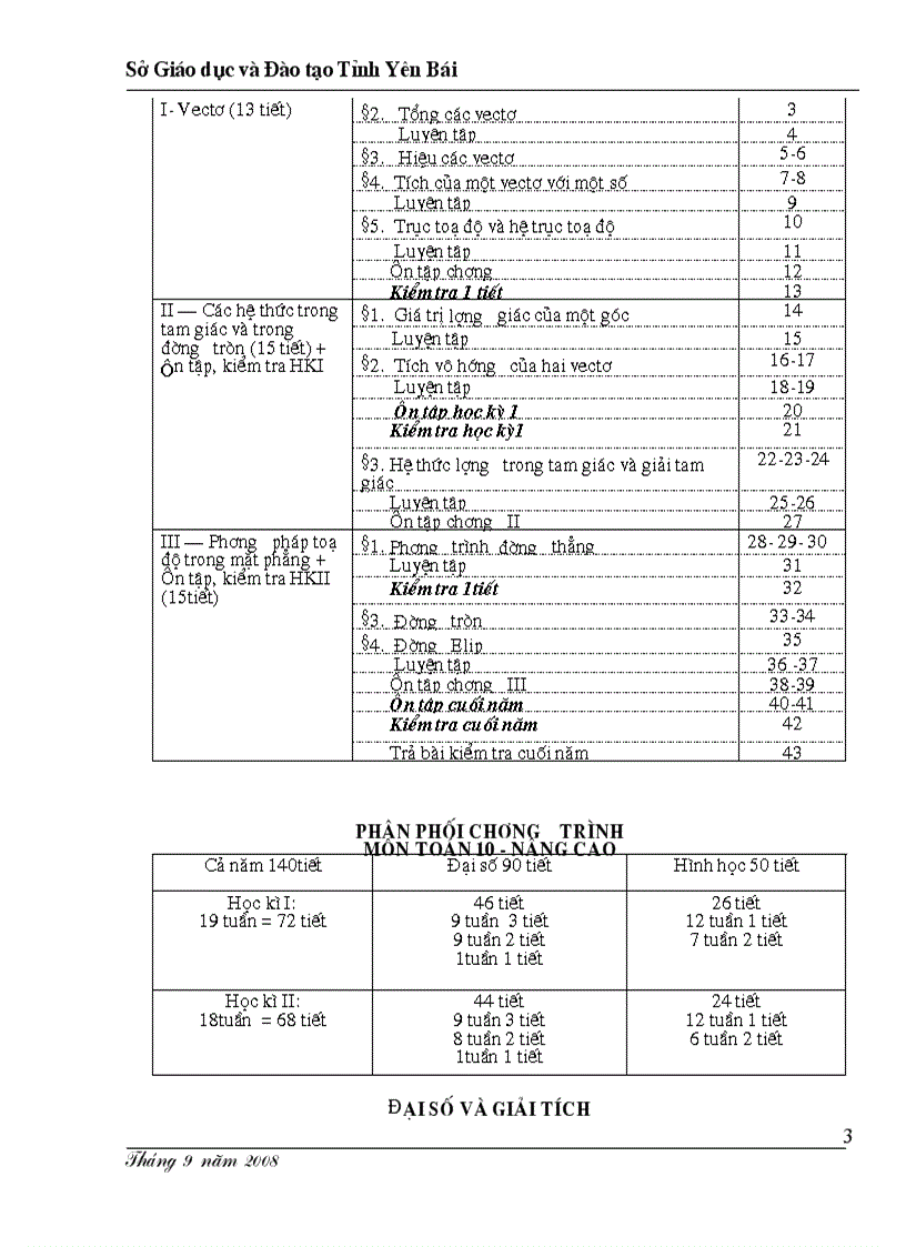 Phân phối chương trình môn toán 10