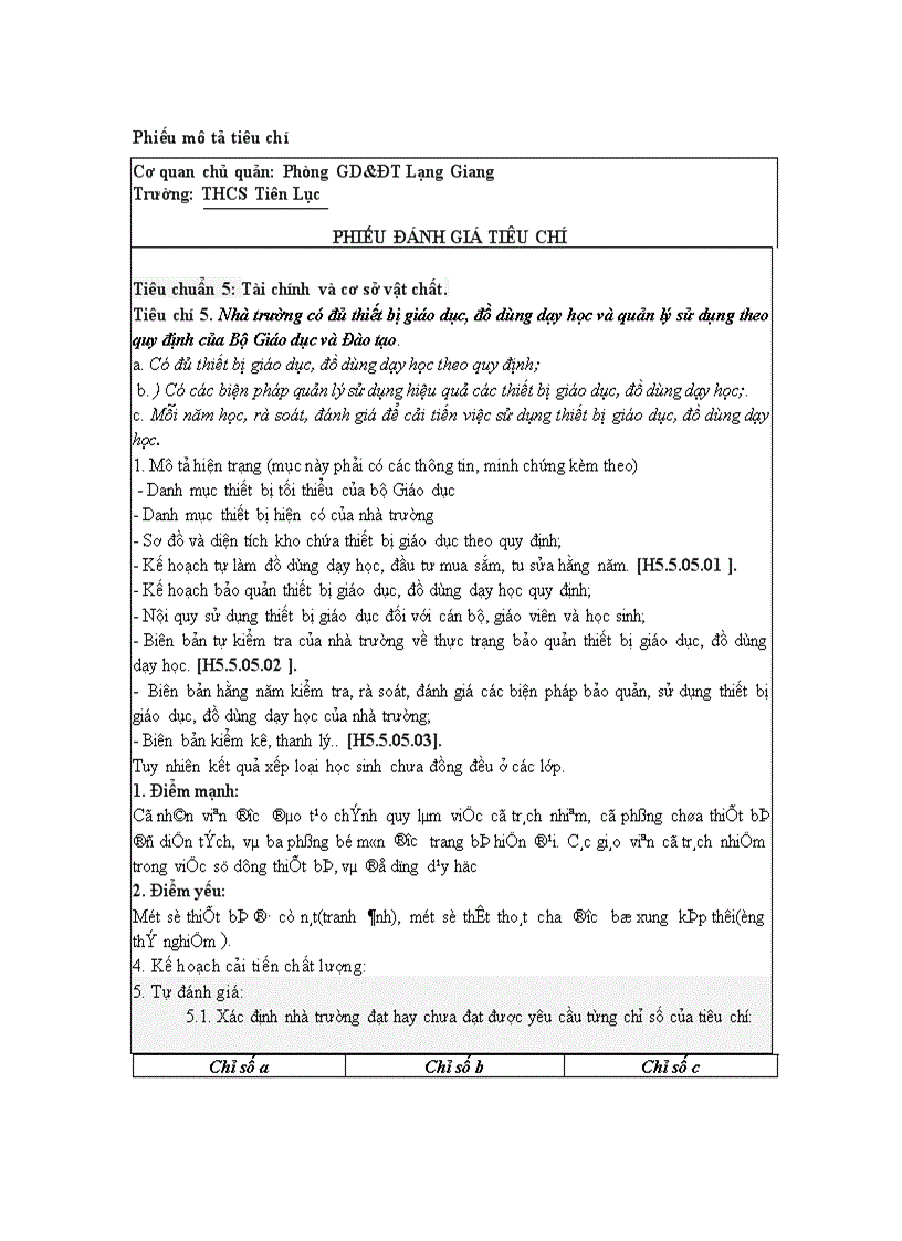 image for page Phiếu đánh giá các tiêu chí KĐCL 5 5