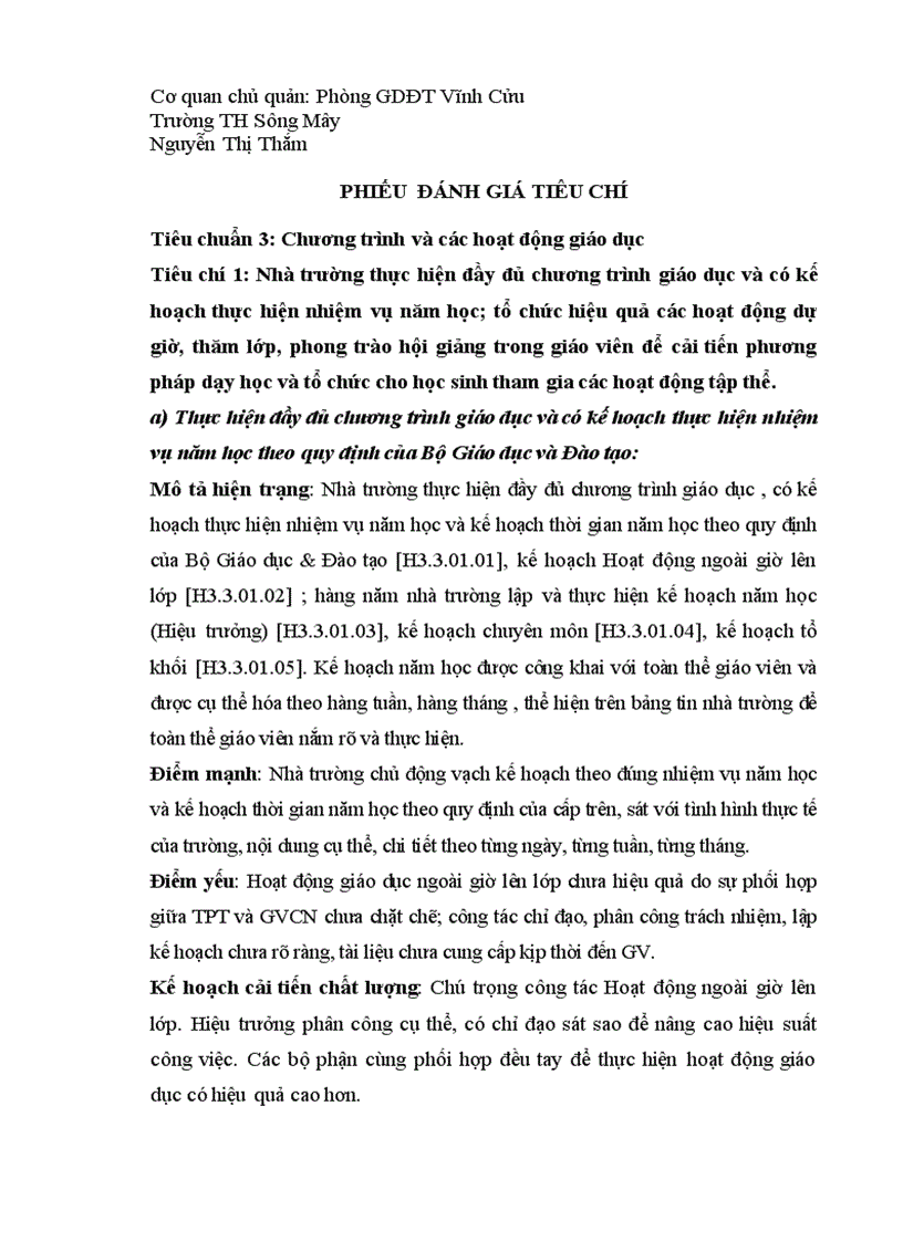 image for page Phiếu đánh giá tiêu chuẩn 3 tiêu chí 1 KĐCL