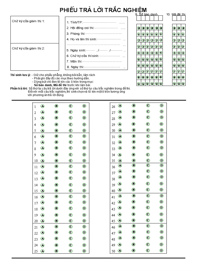 Phiếu trả lời trắc nghiệm