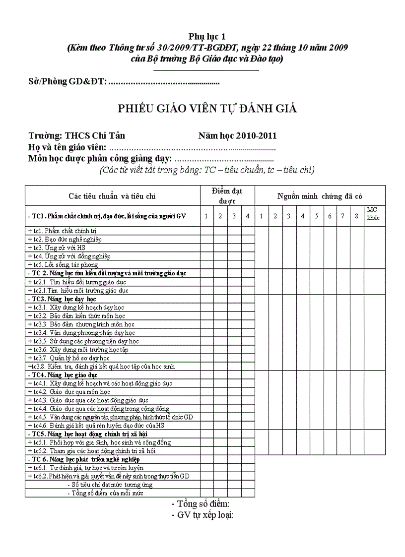 image for page Phiếu tự đánh giá của Giáo viên