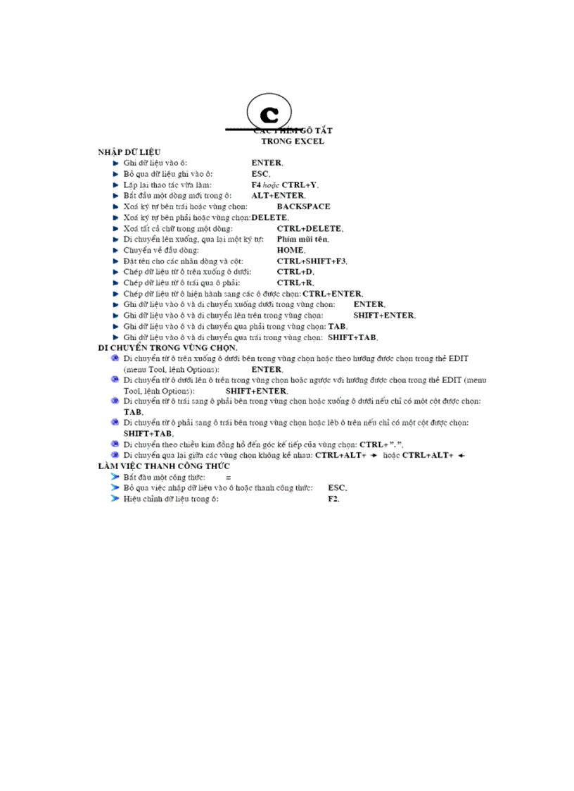 image for page Phím tắt trong Excell