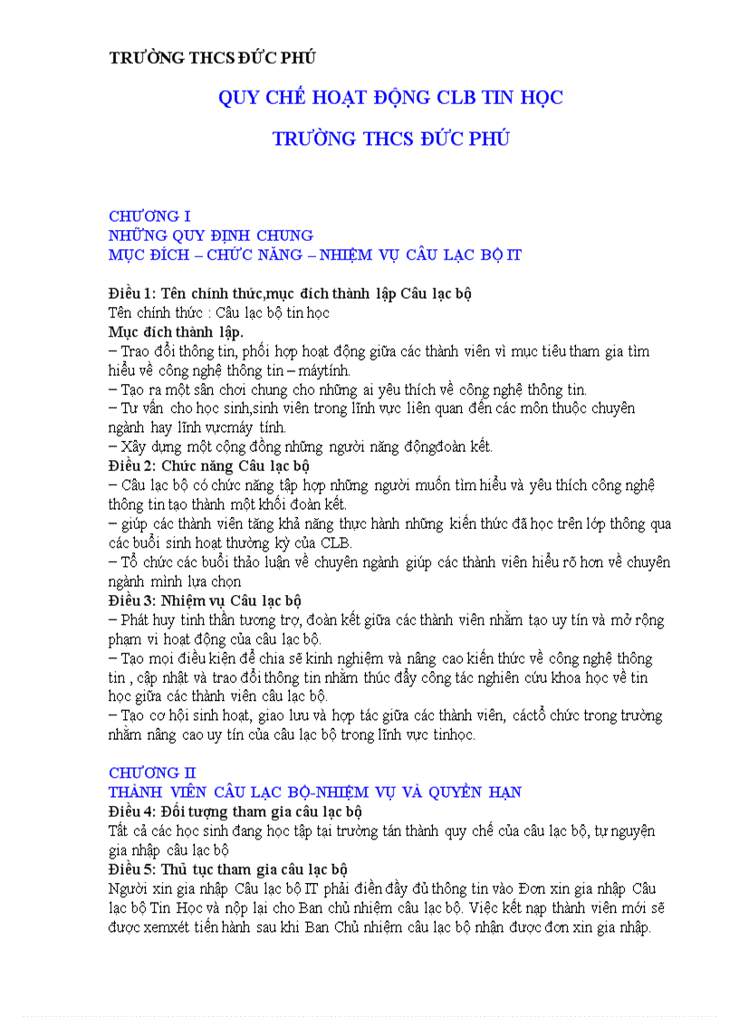 image for page Quy chế hoạt động của CLB TIN HỌC