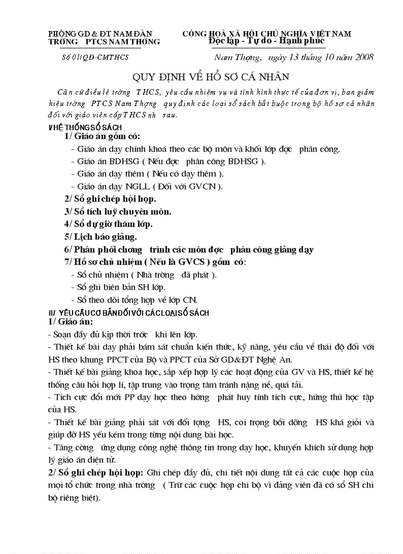 image for page Quy định về hồ sơ giáo viên THCS