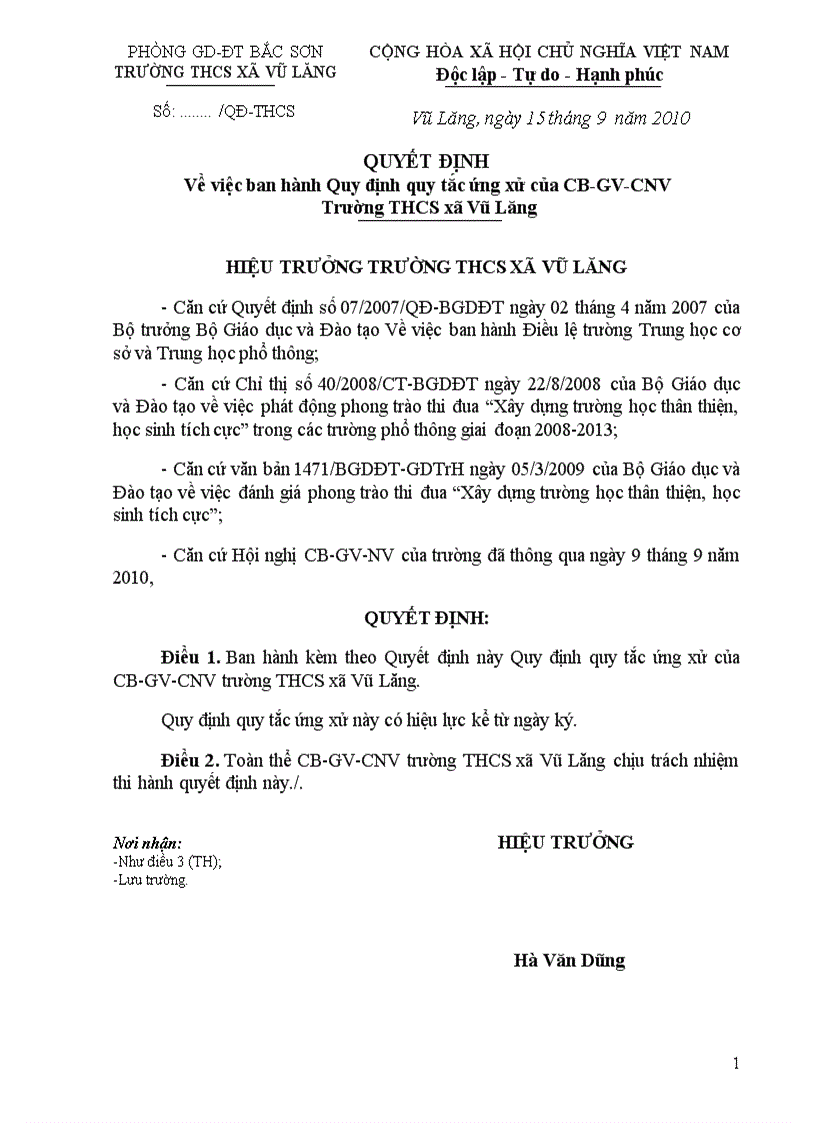 image for page Quy tắc ứng xử trong trường học 2010