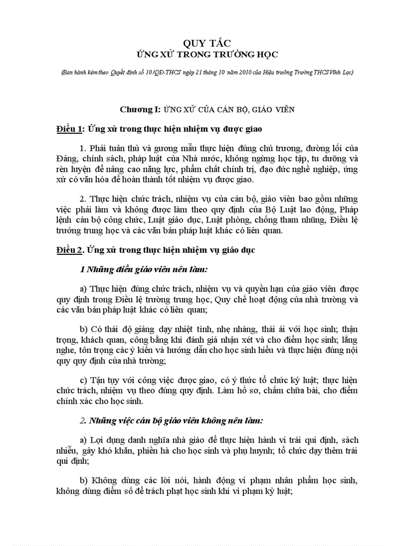 image for page Quy tắc ứng xử trong trường THCS Vĩnh Lạc 2010