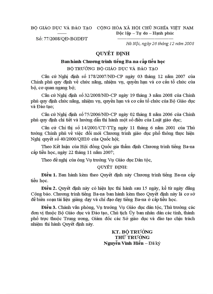 image for page Quyết định ban hành chương trình tiếng bana