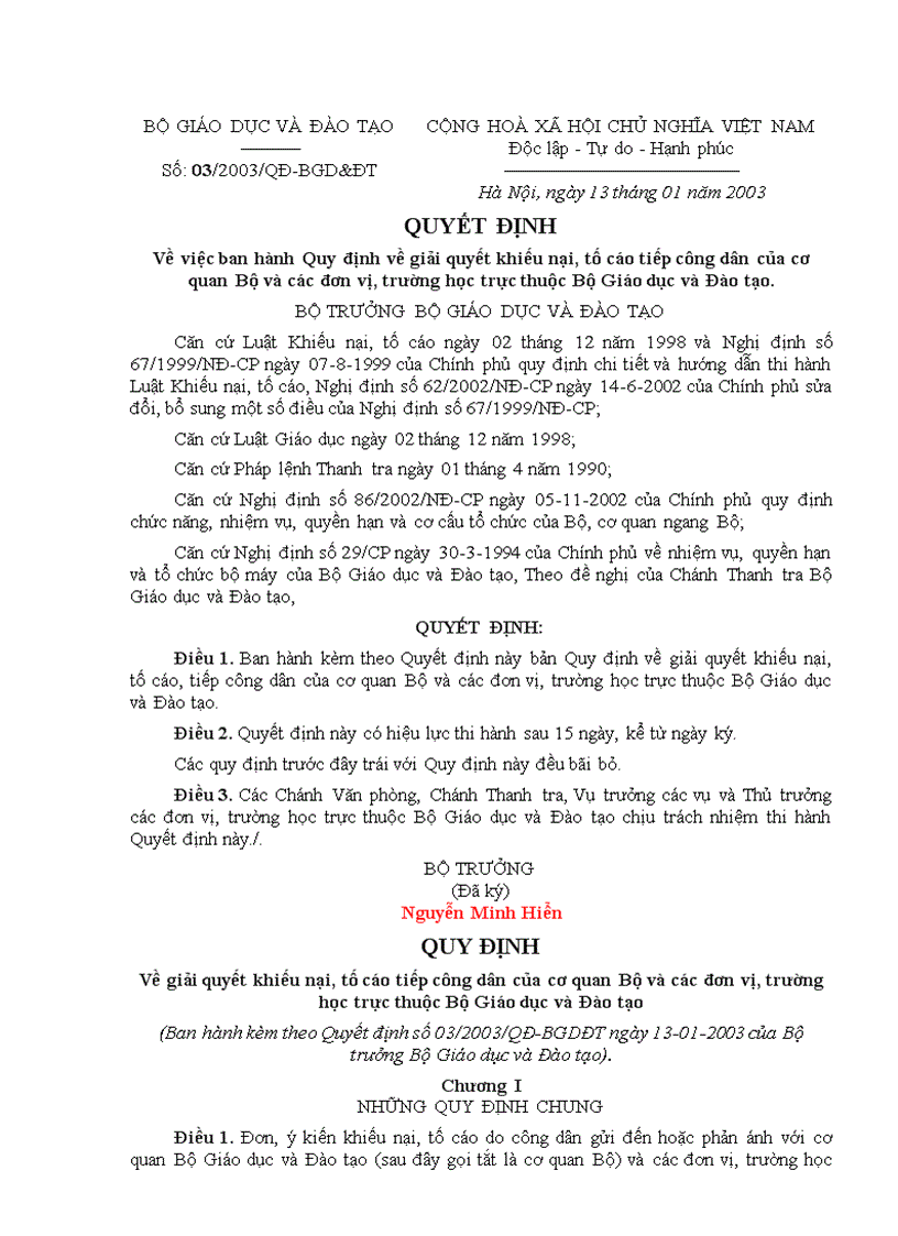 image for page Quyet dinh so 03 2003 BGD ve Khieu naiTo cao