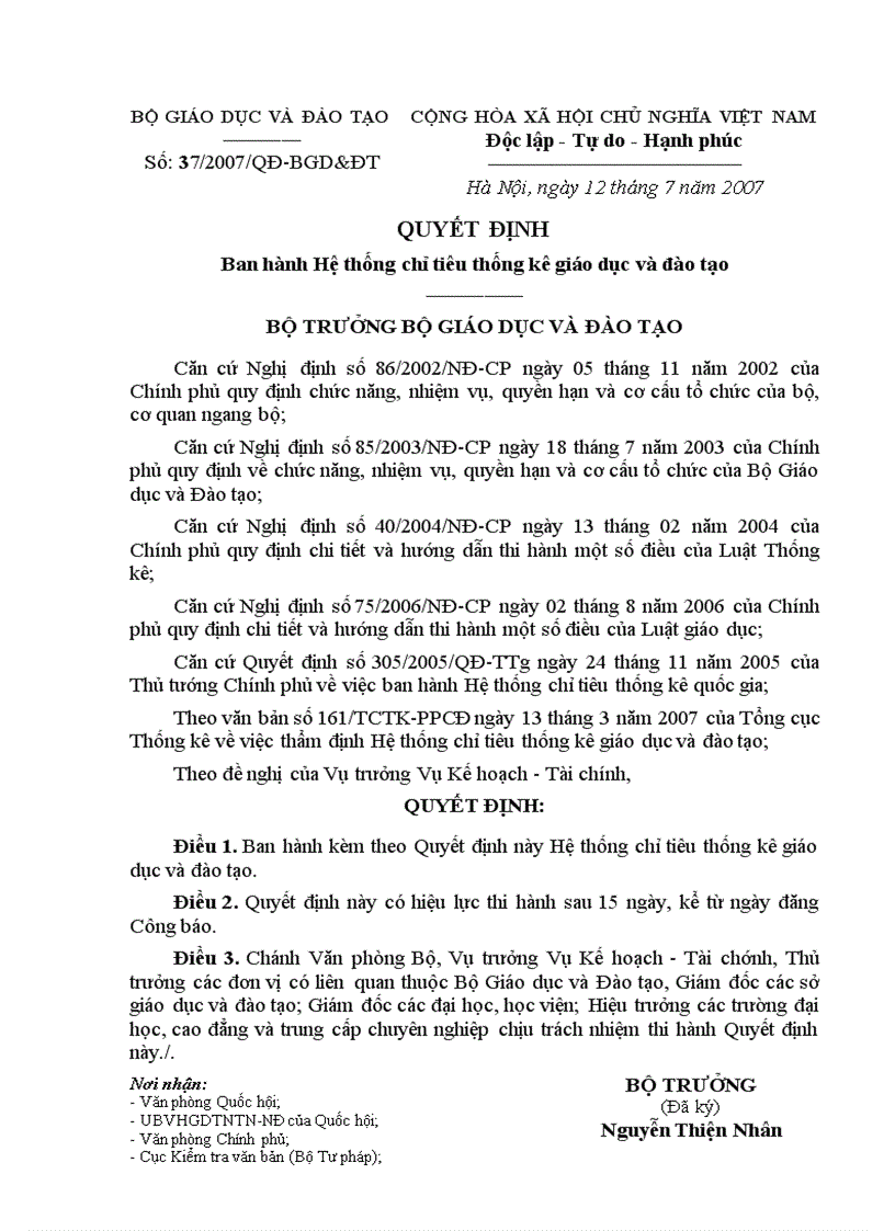 image for page Quyet dinh so 37 2007 BGD Chi tieu Thong ke GDDT