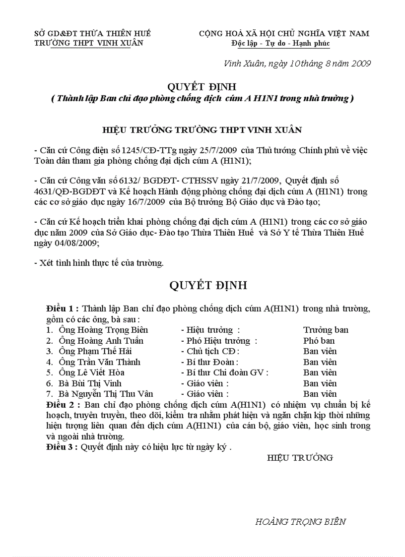 image for page Quyết định thành lập Ban chỉ đạo Cúm A H1N1