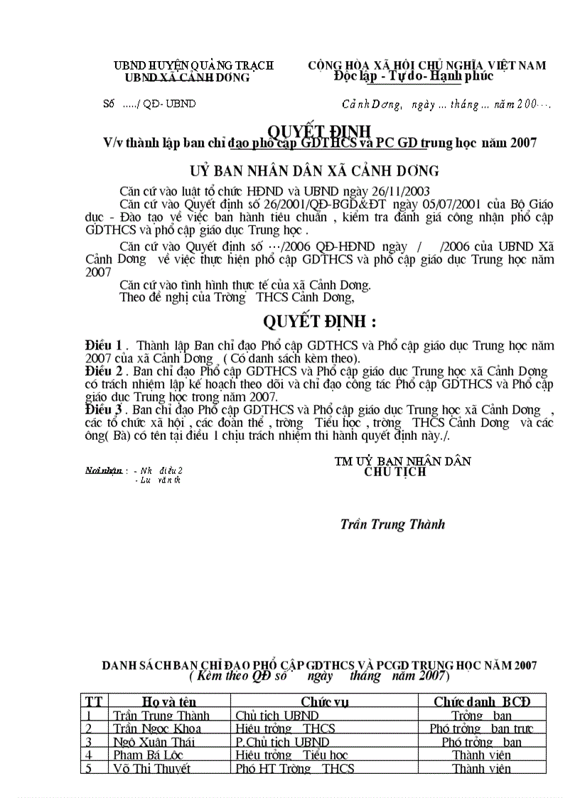 image for page Quyết định thành lập ban chỉ đạo phổ cập THCS