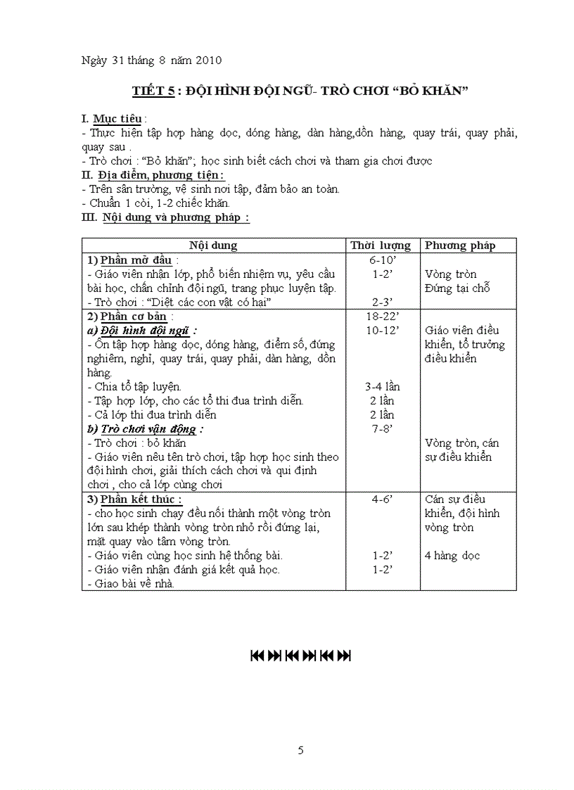 Thể dục lớp 5 chuẩn kiến thức 2010 2011