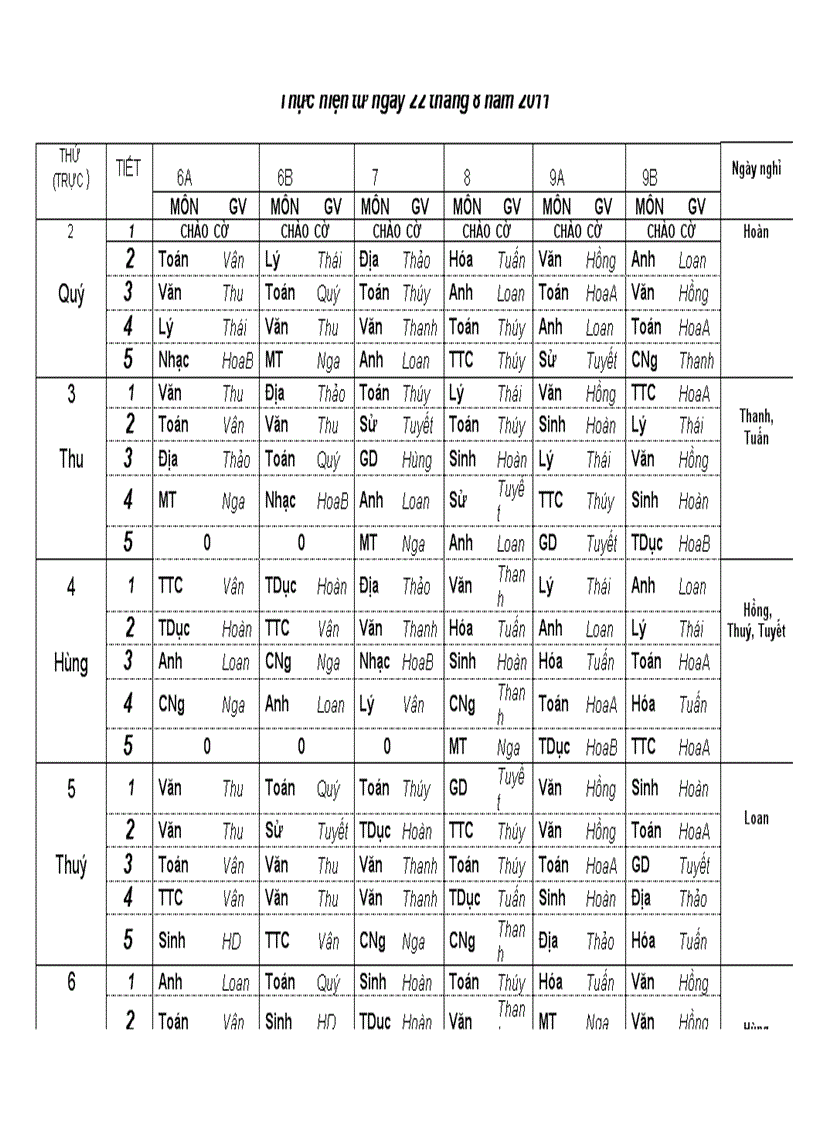 Thời khóa biểu 22 8 2011