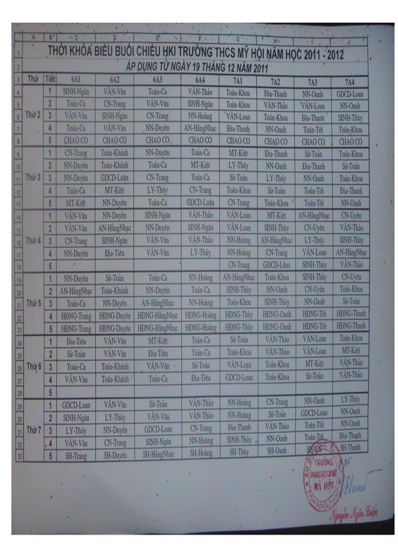 image for page Thòi khoá biểu Áp dụng từ ngày 19 12 2011