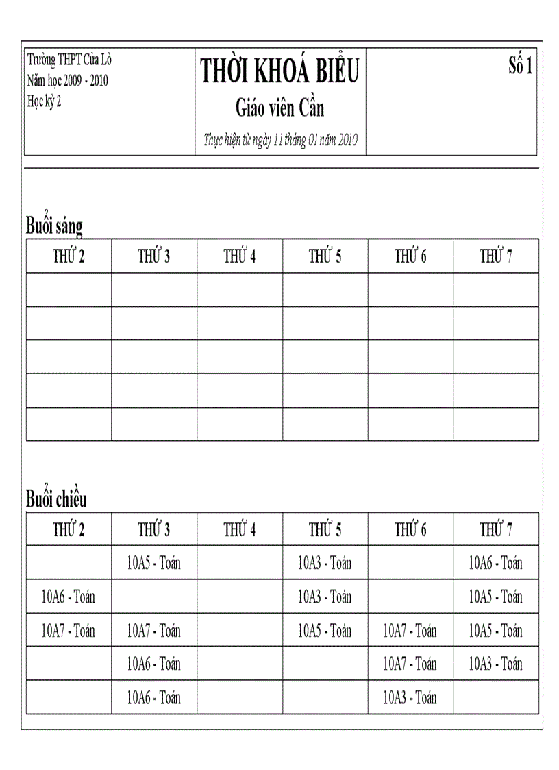 Thời Khóa biểu Giáo viên Số 2 HK 2
