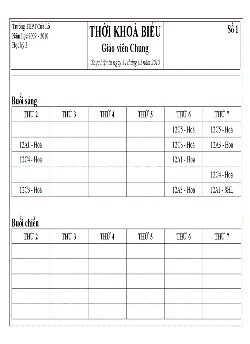 Thời Khóa biểu Giáo viên Số 2 HK 2