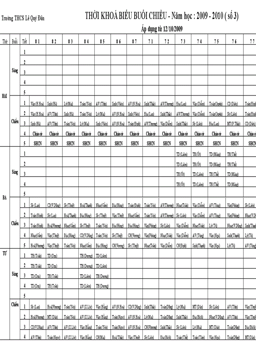 image for page Thời khoá biểu khối chiều