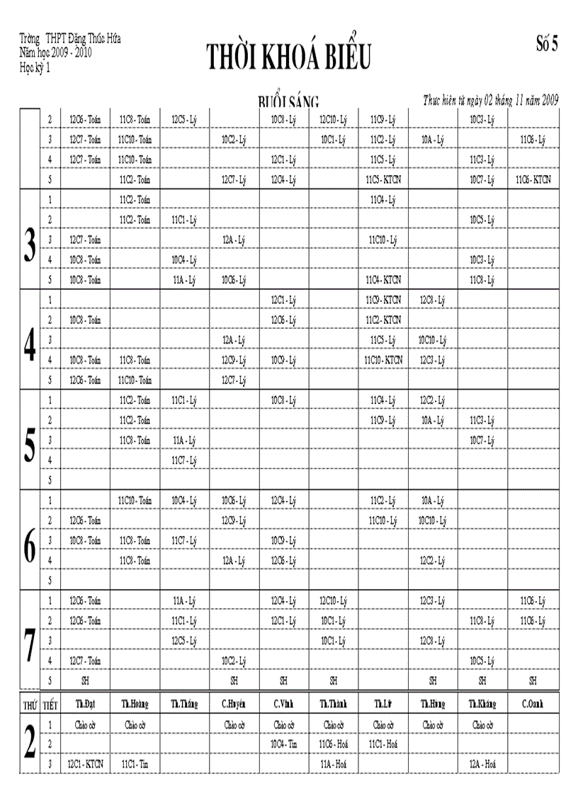 Thời khóa biểu lần 5