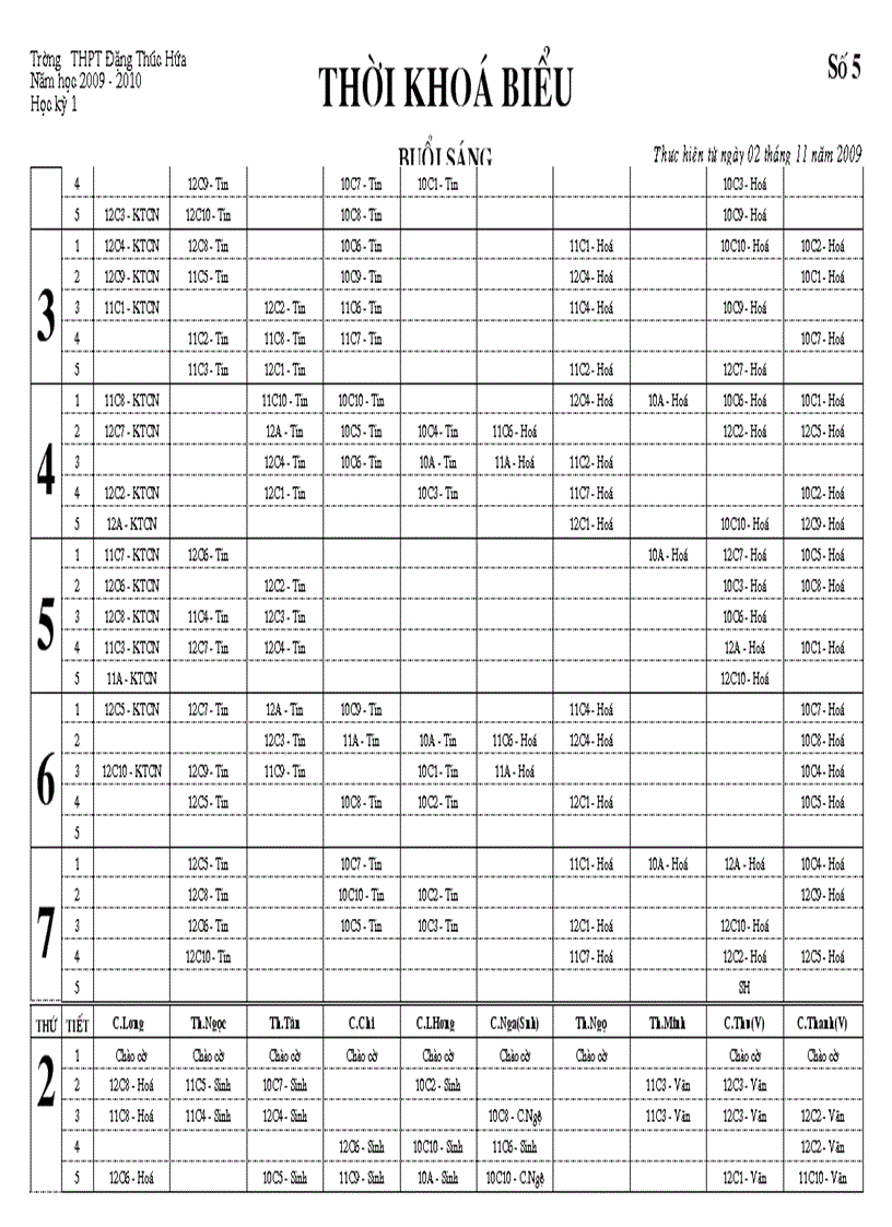 Thời khóa biểu lần 5