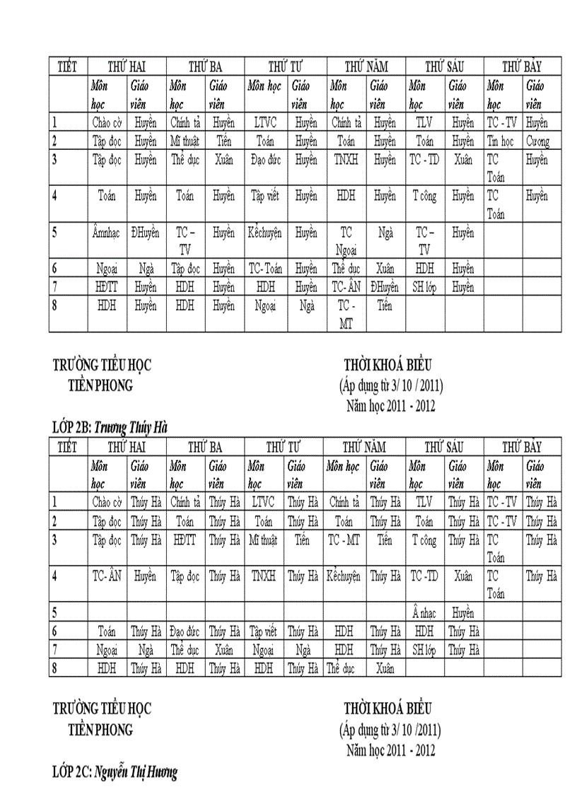 Thời khóa biểu toàn trường năm học 2011 2012