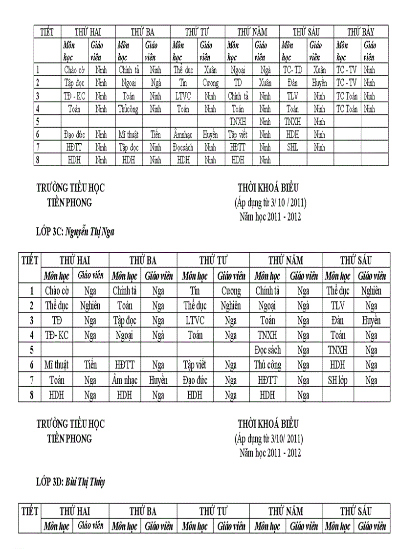 Thời khóa biểu toàn trường năm học 2011 2012