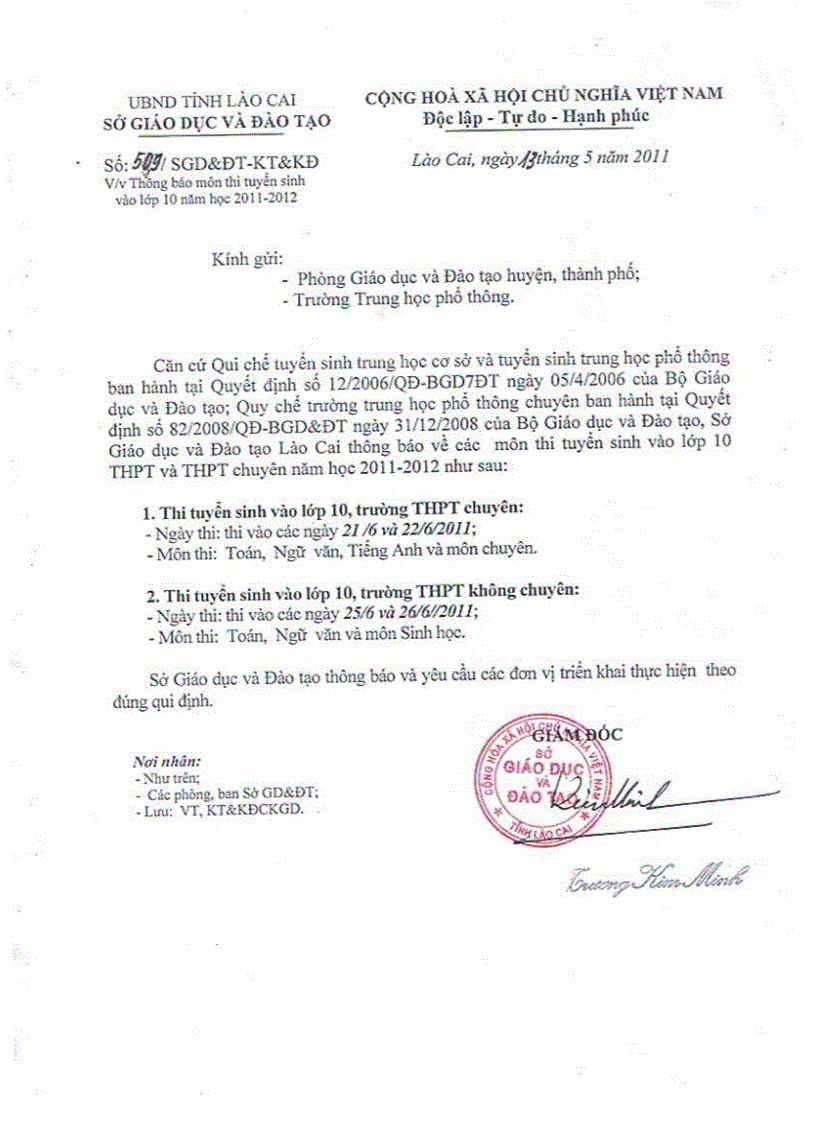image for page Thông báo của Sở GD ĐT Lào Cai về việc tuyển sinh lớp 10 năm học 2011 2012