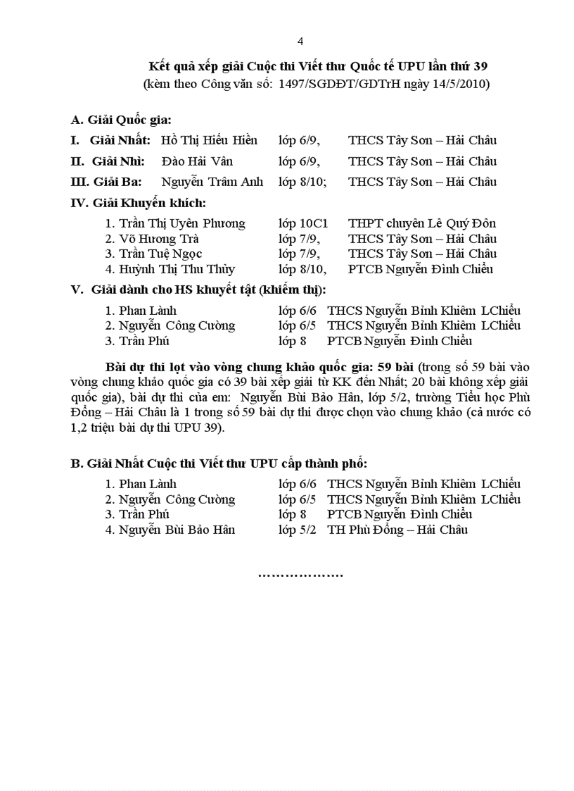image for page Thông báo đạt giải các cuộc thi do Sở GD tổ chức