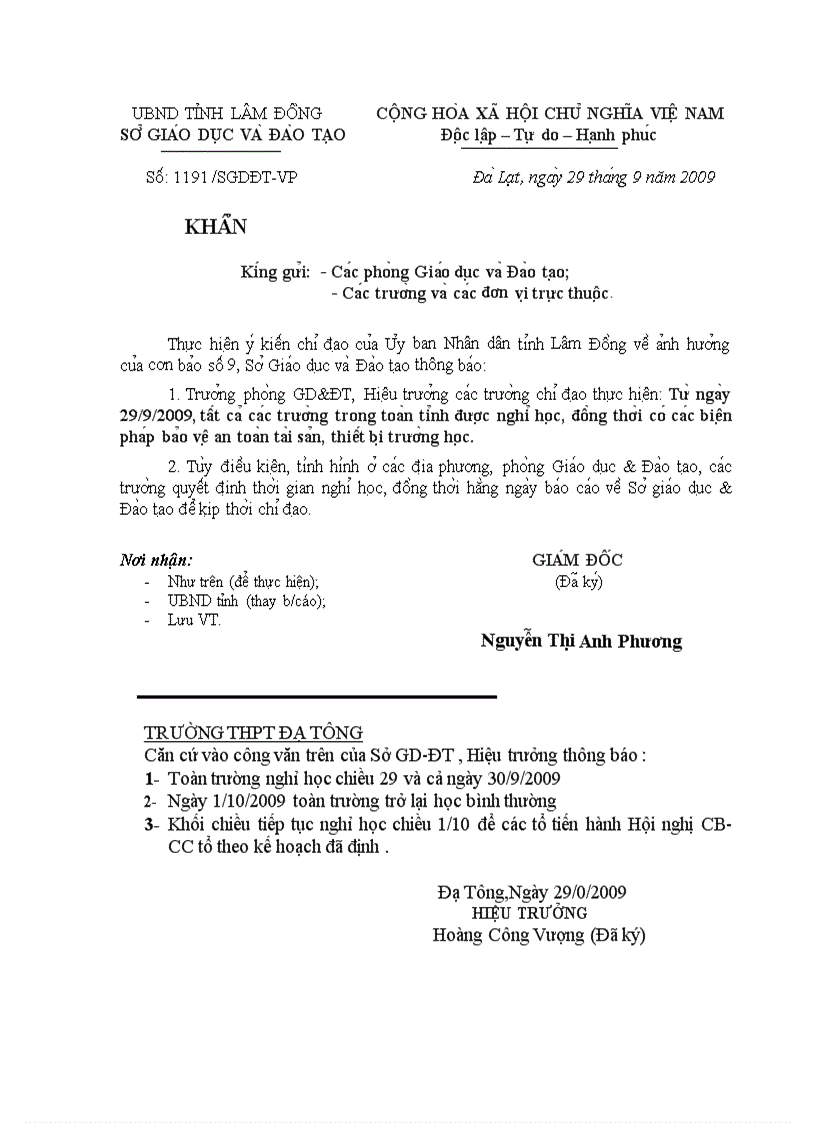 image for page Thông báo nghỉ học vì bão số 9