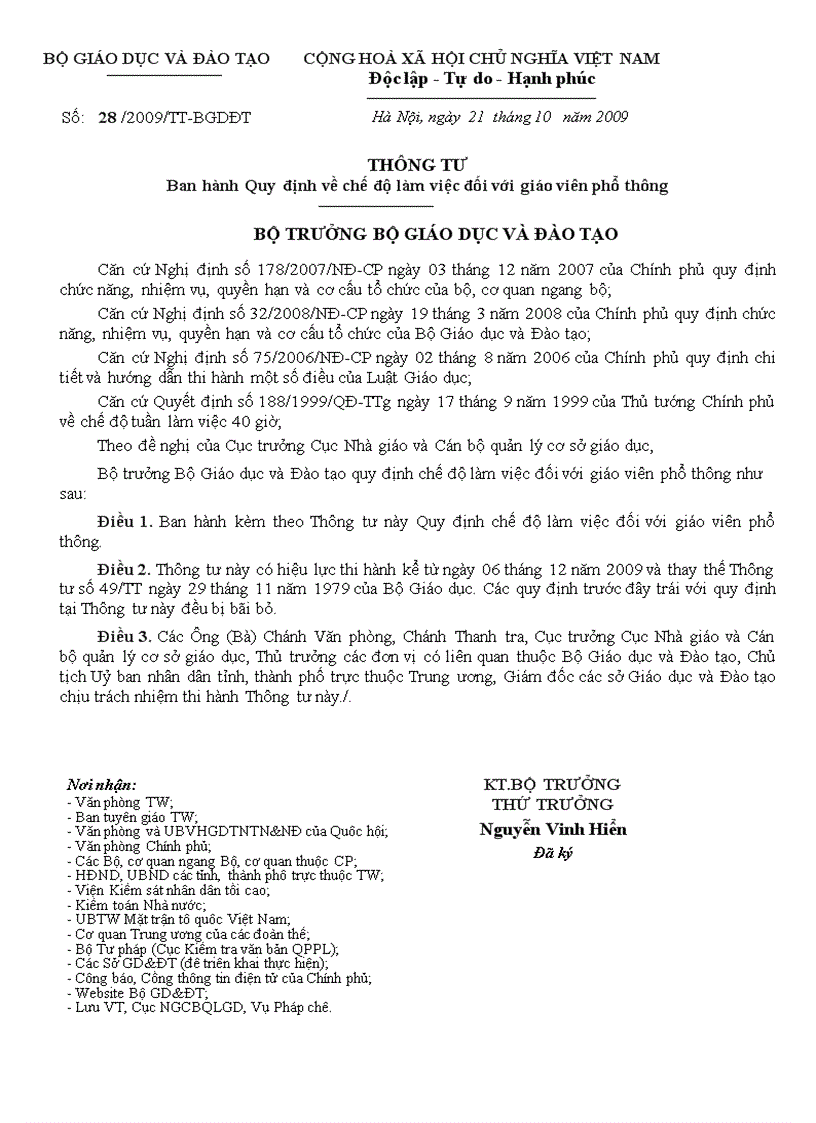 image for page Thông tư 28 quy định về chế độ làm việc đối với giáo viên phổ thông