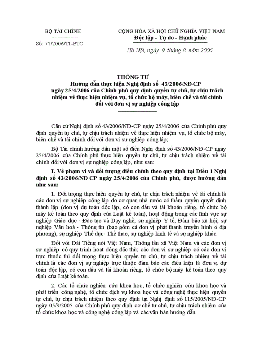image for page Thong tu 71 HD thuc hien Nghi dinh 43 Tu chu tai chinh