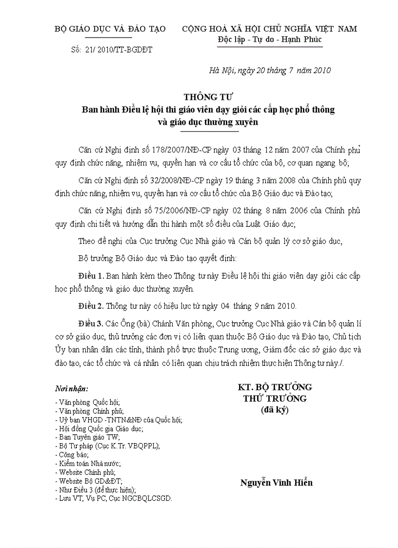 image for page Thông tư Ban hành Điều lệ hội thi giáo viên dạy giỏi các cấp học phổ thông