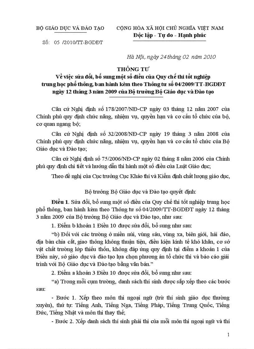 image for page Thông tư về việc sửa đổi bổ sung một số điều của quy chế thi tốt nghiệp trung học phổ thông