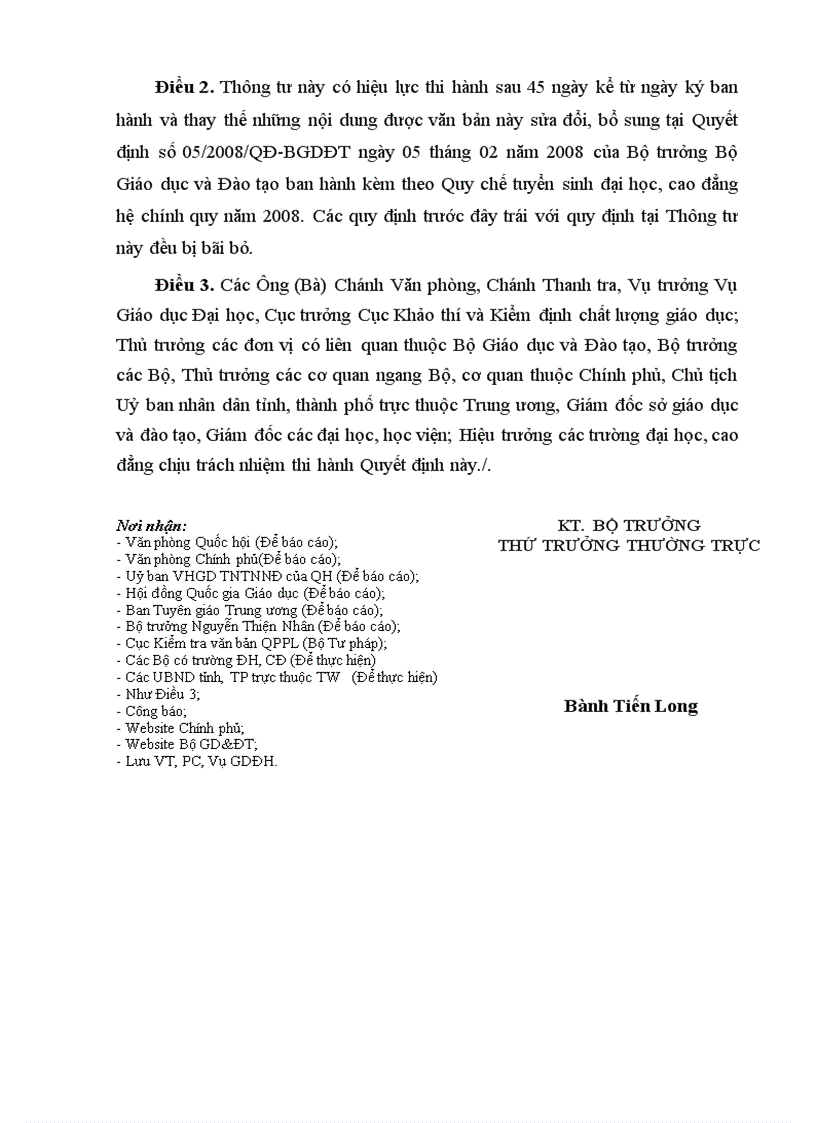 image for page Thông tư về việc sửa đổi bổ sung một số điều của quy chế tuyển sinh ĐH CĐ