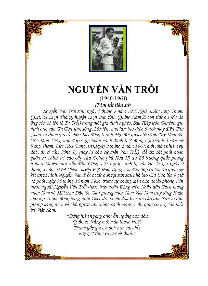 Tiểu sử tóm tắt Nguyễn Văn Trỗi