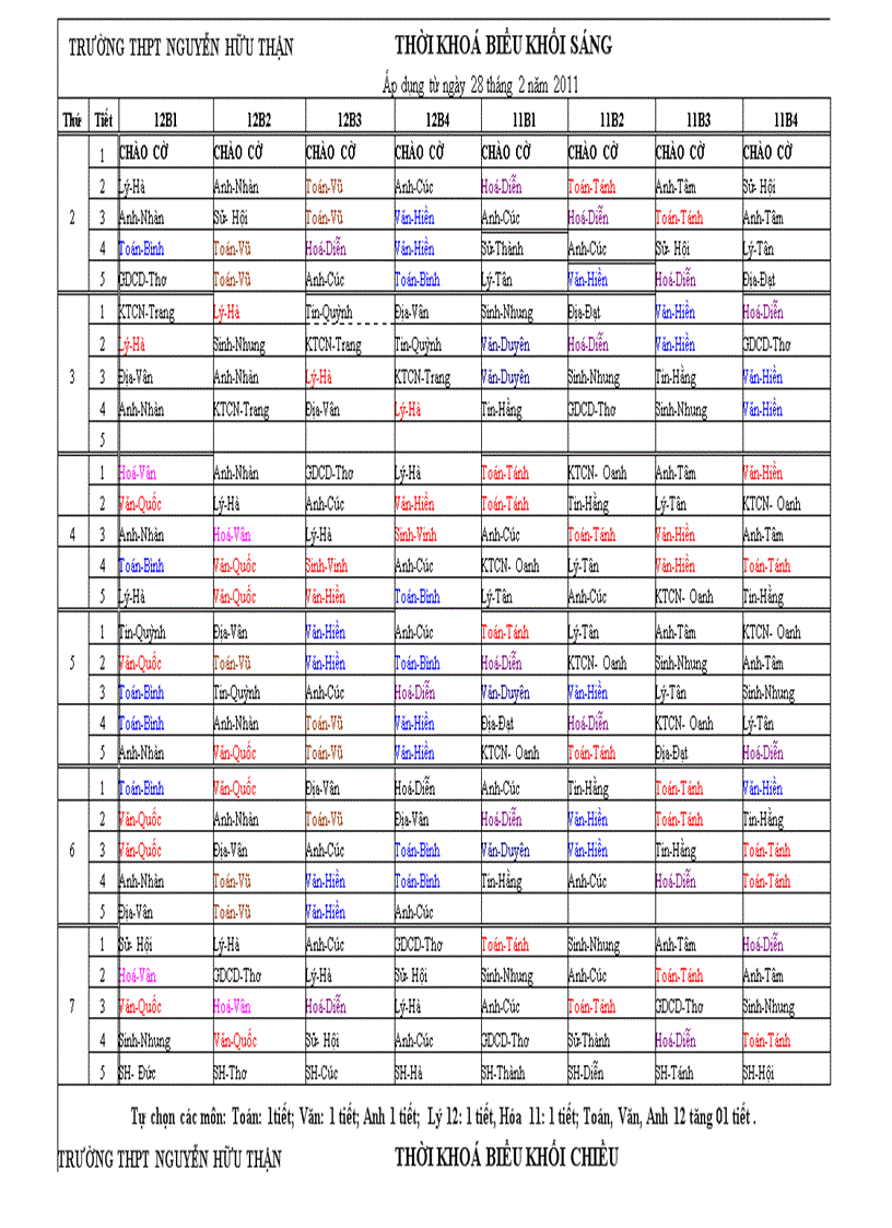 TKB áp dụng từ ngày 28 tháng 2