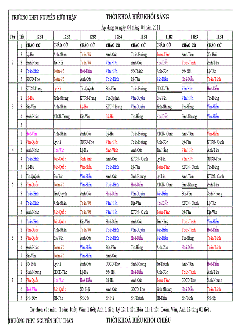 TKB áp dụng từngày 4 tháng 4 năm 2011